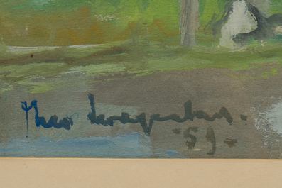 Belgische school, onleesbaar gesigneerd: Park met figuren in de zomer, olie op papier, gedateerd (19)59