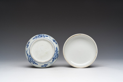 A Chinese blue and white box and cover with floral design, a teapot stand and a famille rose 'Mandarin' spoon tray, Kangxi/Qianlong