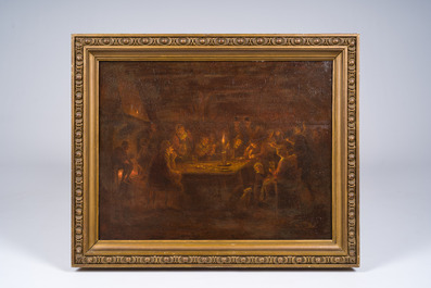 Belgian school: Interior with a merry band by candlelight, oil on panel, 19th C.