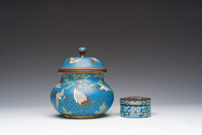 A Japanese cloisonn&eacute; jar and cover, a box and cover and a tray with cranes and floral design, Meiji, 19th/20th C.