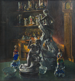 L&eacute;o Engels (1882-1952): 'Tegenlicht' et 'Het porseleinen klokje', huile sur toile, dat&eacute; 1947 et 1949