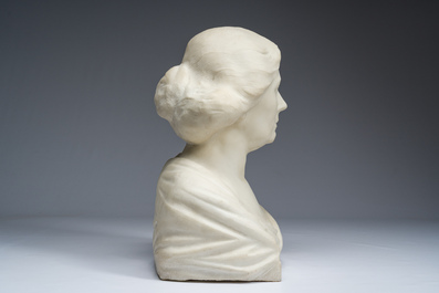 &Eacute;cole belge: Buste de dame, marbre blanc de Carrare, d&eacute;but du 20&egrave;me si&egrave;cle