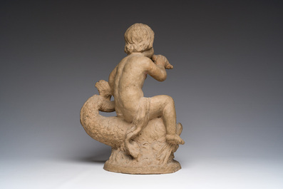 Ecole fran&ccedil;aise: Triton sur un dauphin, terre cuite &agrave; patine, 19&egrave;me si&egrave;cle