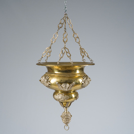 A Gothic revival partially silver-plated brass 'angels' sanctuary lamp, ca. 1900