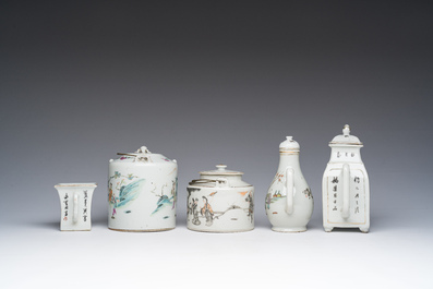 Four Chinese famille rose and qianjiang cai teapots and covers and a cup with figurative design, 19th/20th C.