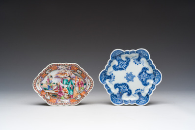 A Chinese blue and white box and cover with floral design, a teapot stand and a famille rose 'Mandarin' spoon tray, Kangxi/Qianlong