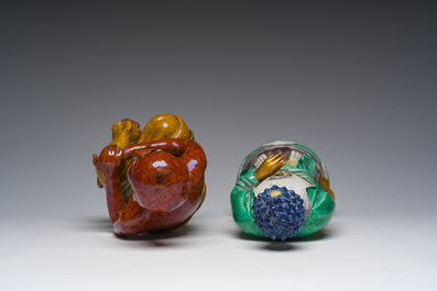Two Chinese sancai pottery and verte biscuit figures, 19th C.