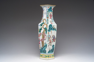 A Chinese hexagonal famille rose vase with figurative design all around, 19th C.