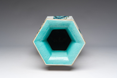 A Chinese hexagonal famille rose vase with figurative design all around, 19th C.