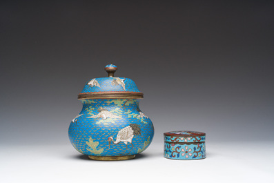 A Japanese cloisonn&eacute; jar and cover, a box and cover and a tray with cranes and floral design, Meiji, 19th/20th C.