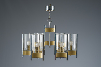 Gaetano Sciolari (1927-1994): Een 'Hurricane' luchter in koper en verchroomd metaal met zes lichtpunten, derde kwart 20ste eeuw