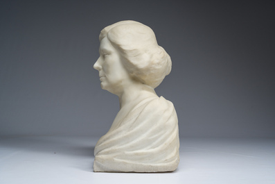 Belgian school: Portrait bust of a lady, white Carrara marble, early 20th C.