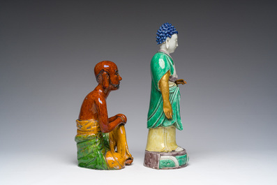 Two Chinese sancai pottery and verte biscuit figures, 19th C.