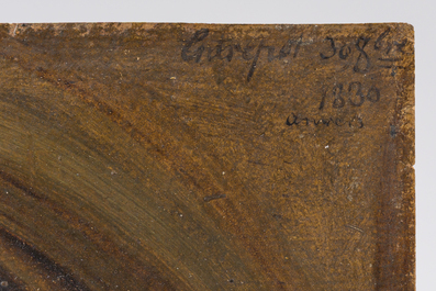 Ecole belge: 'L'entrep&ocirc;t br&ucirc;l&eacute; apr&egrave;s le bombardement', huile sur papier, Anvers, dat&eacute; 30 octobre 1830