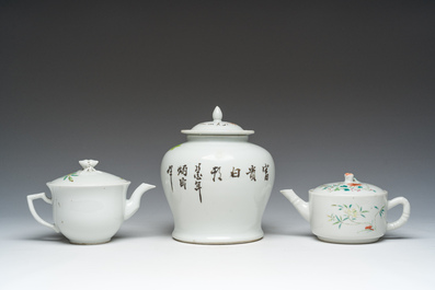 Two Chinese famille rose teapots and covers and a qianjiang cai jar and cover with floral design, 19th/20th C.