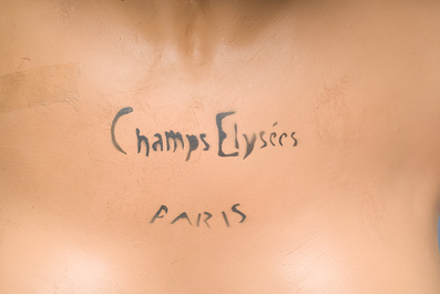 A French polychrome painted plaster female mannequin bust, marked 'Champs Elys&eacute;es Paris', 20th C.