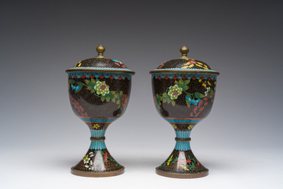Een paar Chinese cloisonn&eacute; dekselkommen op voet, 19de eeuw