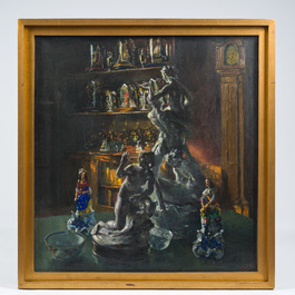 L&eacute;o Engels (1882-1952): 'Tegenlicht' et 'Het porseleinen klokje', huile sur toile, dat&eacute; 1947 et 1949