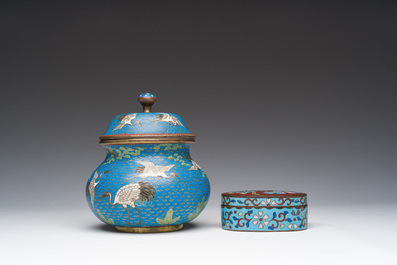 A Japanese cloisonn&eacute; jar and cover, a box and cover and a tray with cranes and floral design, Meiji, 19th/20th C.