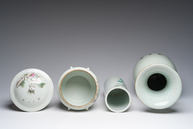 A Chinese famille rose vase, a hatstand and a jar and cover with ladies in a palace garden, 19th/20th C.