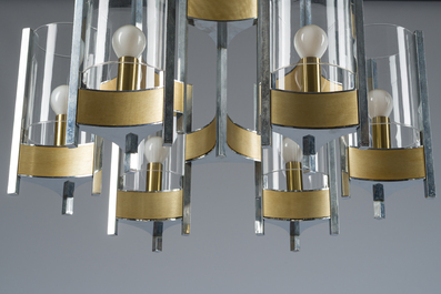 Gaetano Sciolari (1927-1994): Een 'Hurricane' luchter in koper en verchroomd metaal met zes lichtpunten, derde kwart 20ste eeuw