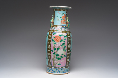 A Chinese capucin ground famille rose vase with pink and turquoise panels with floral design, 19th C.