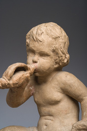 Ecole fran&ccedil;aise: Triton sur un dauphin, terre cuite &agrave; patine, 19&egrave;me si&egrave;cle