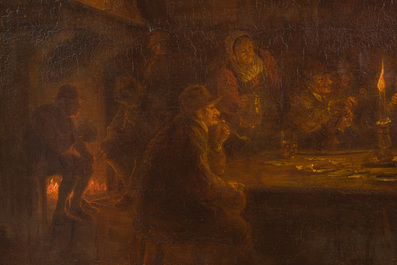Belgian school: Interior with a merry band by candlelight, oil on panel, 19th C.