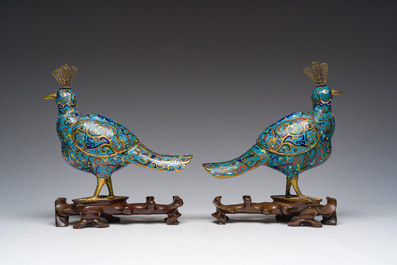 A pair of Chinese cloisonn&eacute; peacock-shaped censers and covers, 19th C.