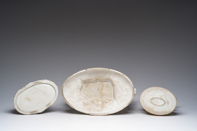 Two polychrome Saxon porcelain groups, a table piece and a cup and saucer, Germany, 19th/20th C.