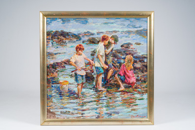 Lau Chun (1942): De kleine vissers op het strand, olie op doek