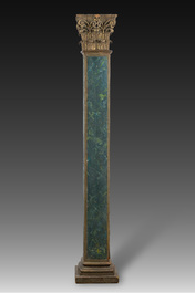 A square wooden column with green faux marble painting topped with a gilded Corinthian capital, 20th C.