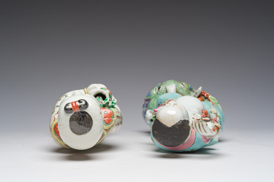 A Chinese famille rose model of Liu Hai and a famille verte of one of the Hehe brothers, 19th C.