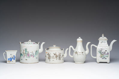 Four Chinese famille rose and qianjiang cai teapots and covers and a cup with figurative design, 19th/20th C.