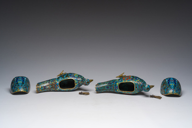 A pair of Chinese cloisonn&eacute; peacock-shaped censers and covers, 19th C.