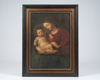 &Eacute;cole flamande, suiveur de Pierre Paul Rubens (1577-1640): Vierge &agrave; l'Enfant, huile sur toile maroufl&eacute;e sur panneau, fin du 17&egrave;me si&egrave;cle