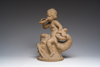 Ecole fran&ccedil;aise: Triton sur un dauphin, terre cuite &agrave; patine, 19&egrave;me si&egrave;cle