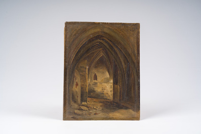 Ecole belge: 'L'entrep&ocirc;t br&ucirc;l&eacute; apr&egrave;s le bombardement', huile sur papier, Anvers, dat&eacute; 30 octobre 1830