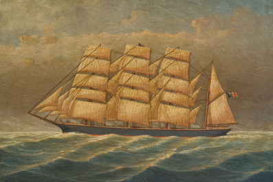 F. ou P. Stein (19&egrave;me si&egrave;cle): Un quatre-m&acirc;ts belge sur une mer calme, huile sur toile