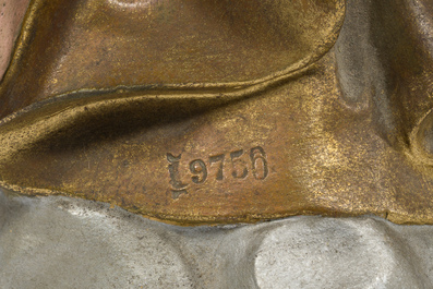 An impressive pair of polychrome decorated plaster angels mounted into ten-light candlesticks, 20th C.