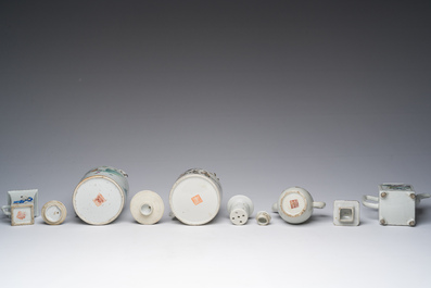 Four Chinese famille rose and qianjiang cai teapots and covers and a cup with figurative design, 19th/20th C.