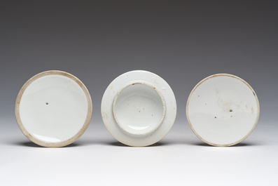 Two Chinese famille rose teapots and covers and a qianjiang cai jar and cover with floral design, 19th/20th C.