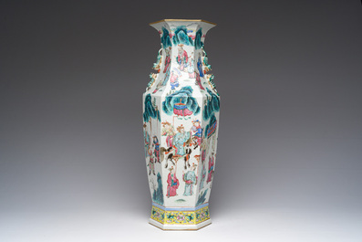 A Chinese hexagonal famille rose vase with figurative design all around, 19th C.