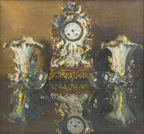 L&eacute;o Engels (1882-1952): 'Tegenlicht' et 'Het porseleinen klokje', huile sur toile, dat&eacute; 1947 et 1949