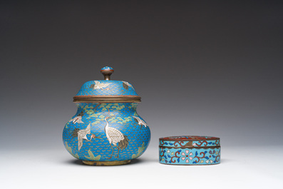 A Japanese cloisonn&eacute; jar and cover, a box and cover and a tray with cranes and floral design, Meiji, 19th/20th C.