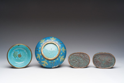 A Japanese cloisonn&eacute; jar and cover, a box and cover and a tray with cranes and floral design, Meiji, 19th/20th C.