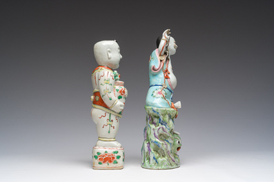A Chinese famille rose model of Liu Hai and a famille verte of one of the Hehe brothers, 19th C.