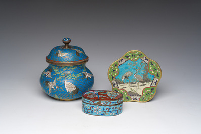 A Japanese cloisonn&eacute; jar and cover, a box and cover and a tray with cranes and floral design, Meiji, 19th/20th C.