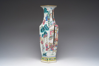 A Chinese hexagonal famille rose vase with figurative design all around, 19th C.