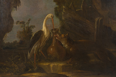 Flemish school: The fable of the fox and the stork, oil on canvas, ca. 1700